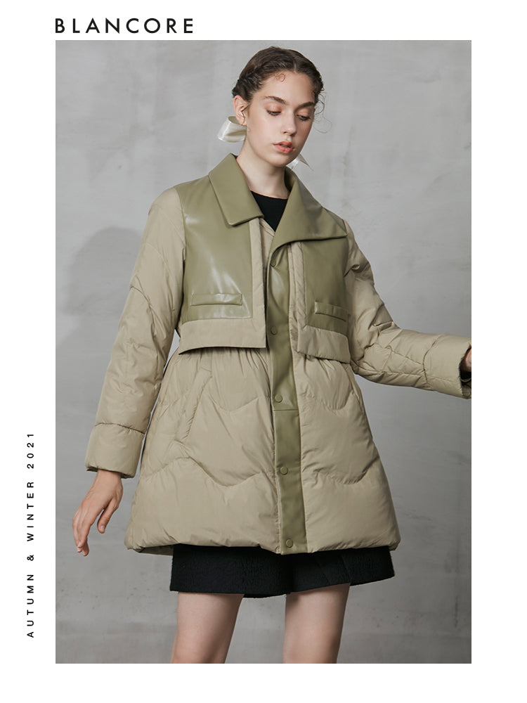 PU Leather Paneled Long Puffer