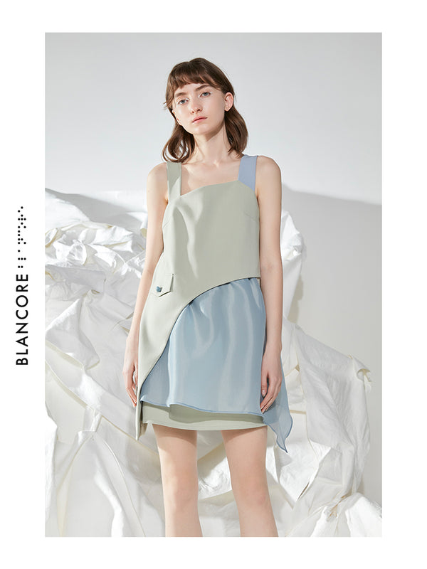 COLOR BLOCK MESH PANELLED STRAP DRESS