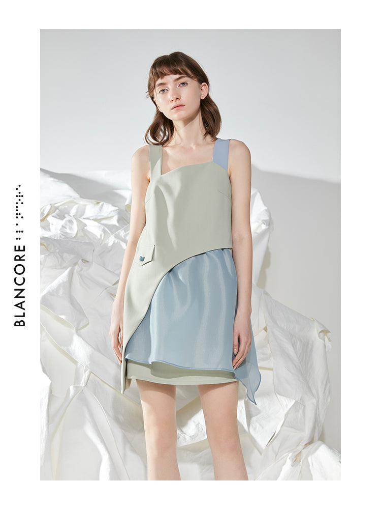 COLOR BLOCK MESH PANELLED STRAP DRESS