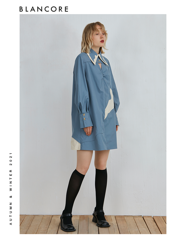 Color Block Shirt Dress With Hollow-Out Detail