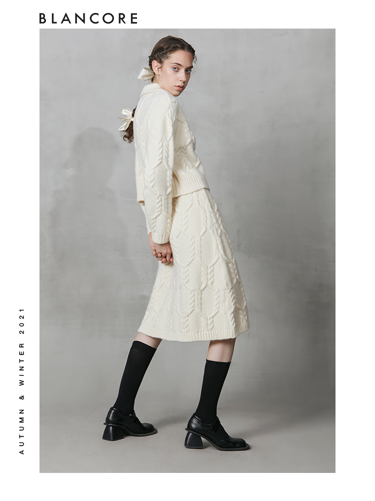 Off-White Knit Suit -Asymmetrical Polo Collar Top & Cocoon Skirt