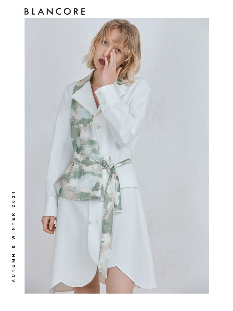 Tie-Front Asymmetrical Color Printed Blazer Dress
