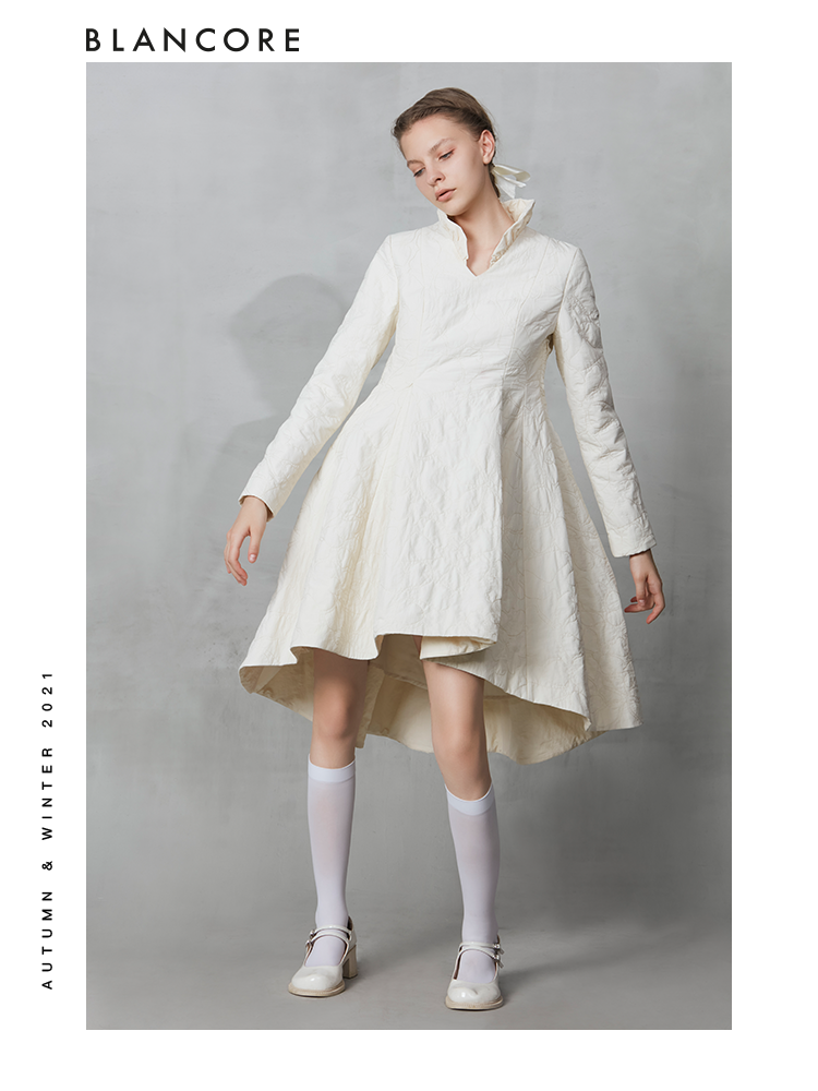 Standing Collar Cotton Dress With Embroidered Detail