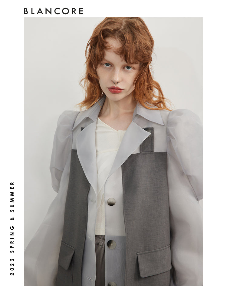 Mesh Paneled Trench Coat With Puff Sleeves