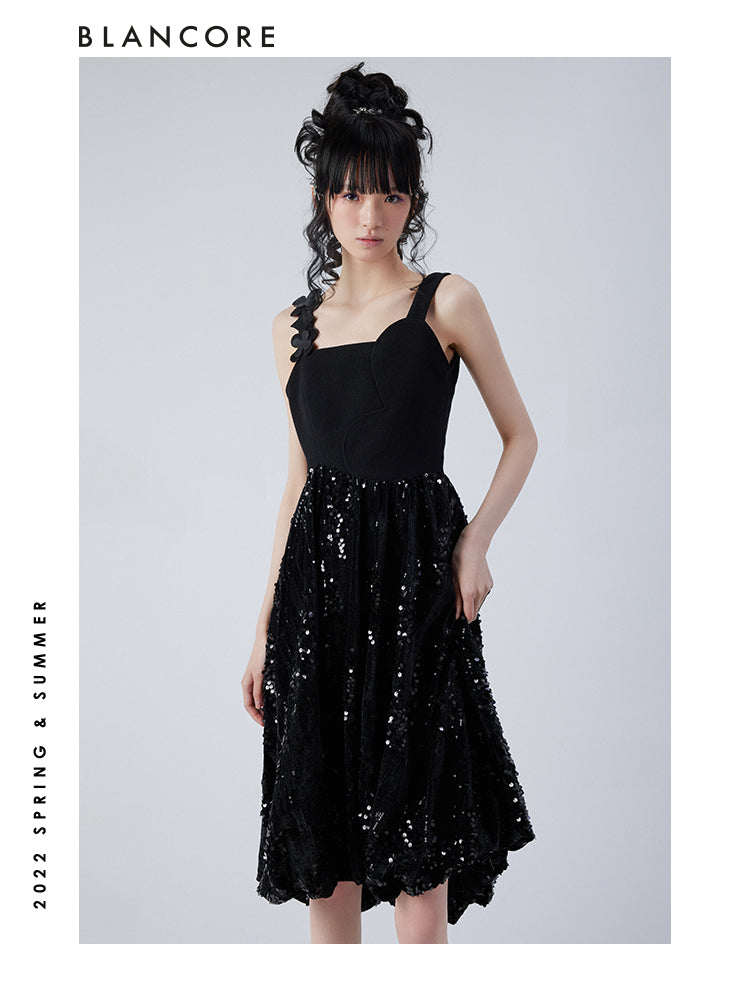 Black Slip Sequin Midi Dress