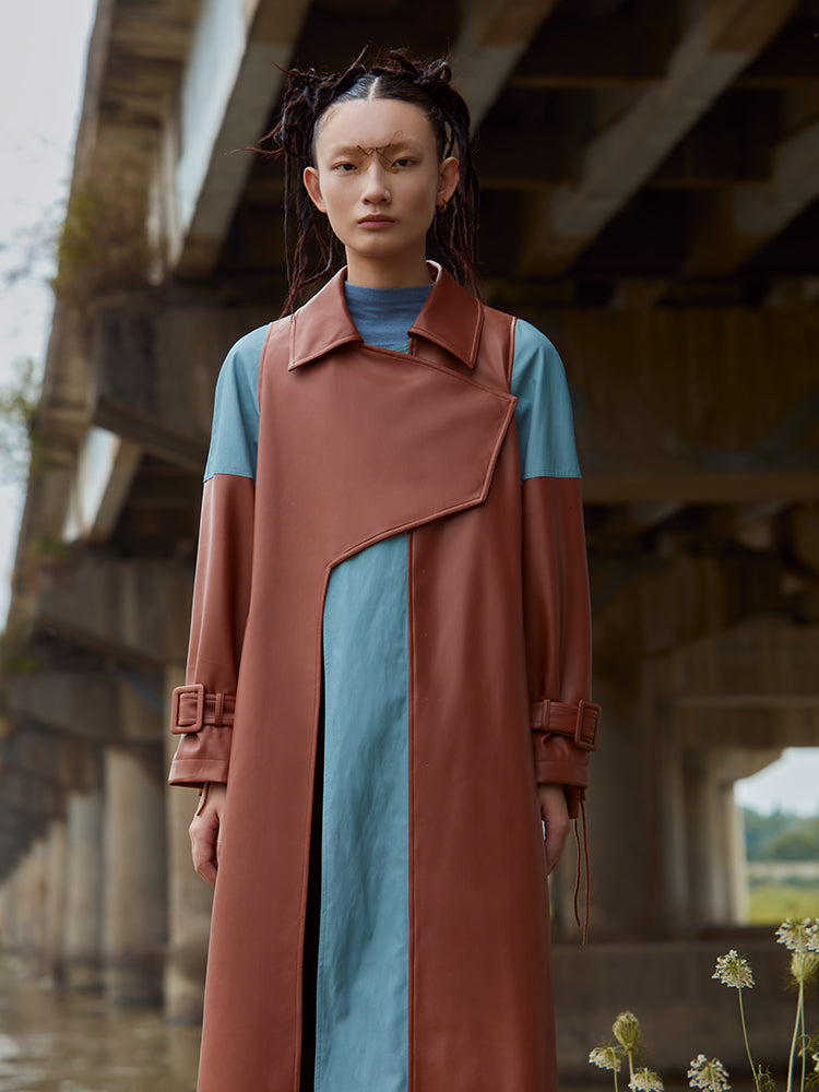 COLOR BLOCK LEATHER TRENCH COAT