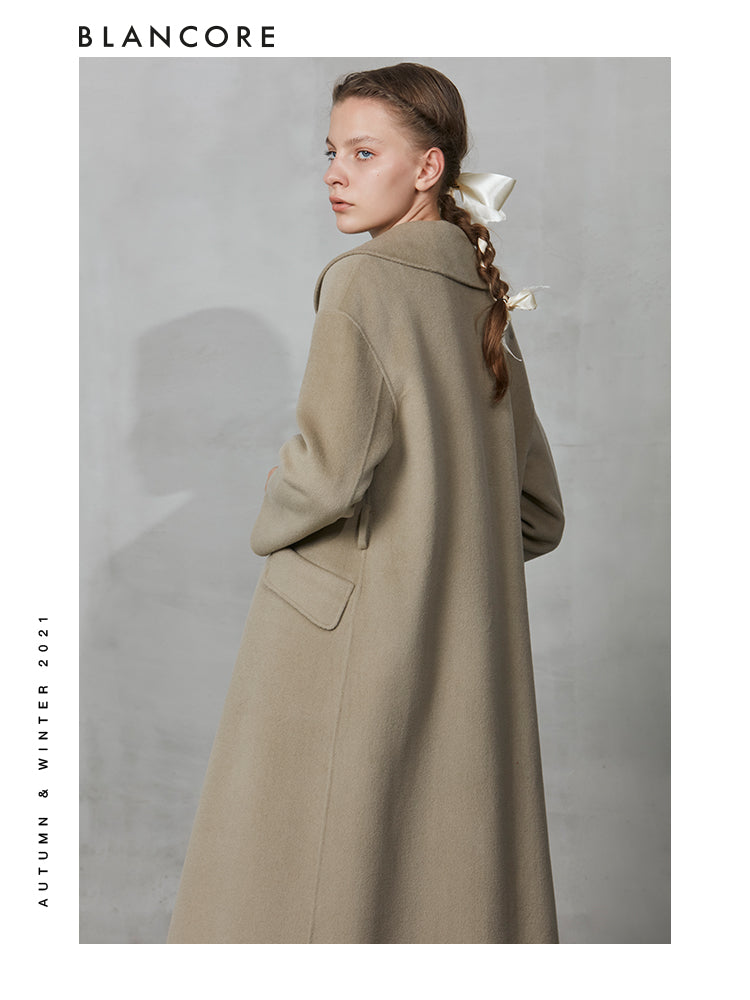 H-belted Wool Coat With Top Layer Detail