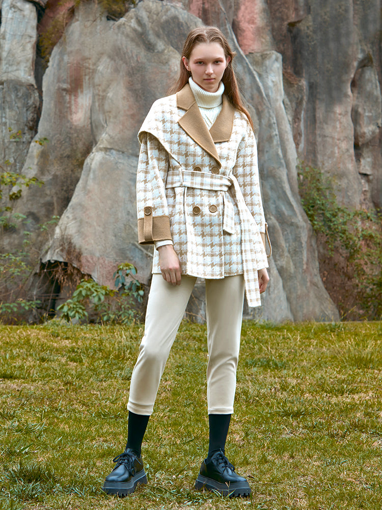 PLAID HOODED WOOL COAT