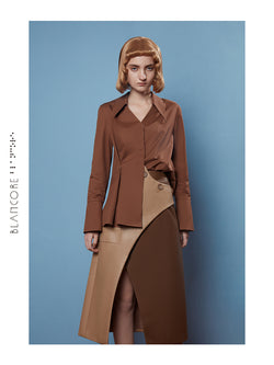 ASYMMETRICAL POINTED COLLAR PLTEATED SHIRT