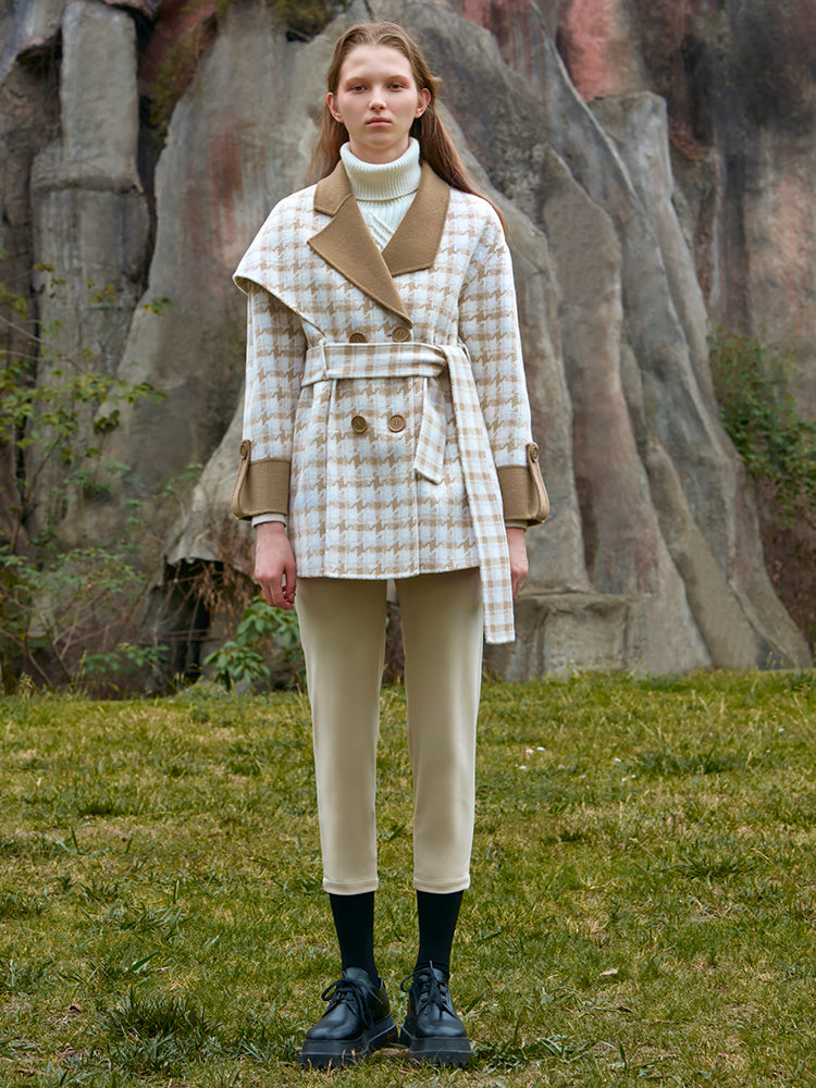 PLAID HOODED WOOL COAT