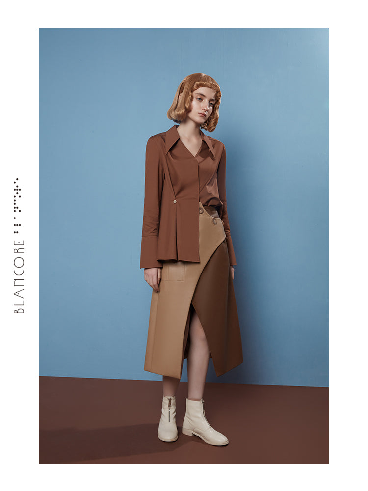 ASYMMETRICAL POINTED COLLAR PLTEATED SHIRT
