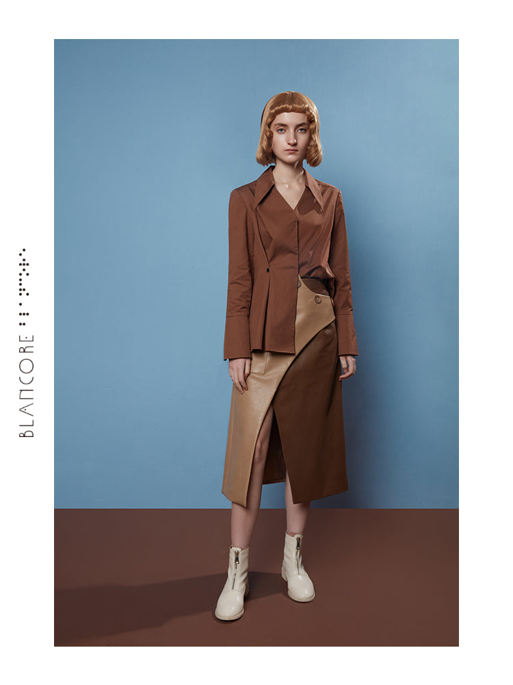 ASYMMETRICAL POINTED COLLAR PLTEATED SHIRT