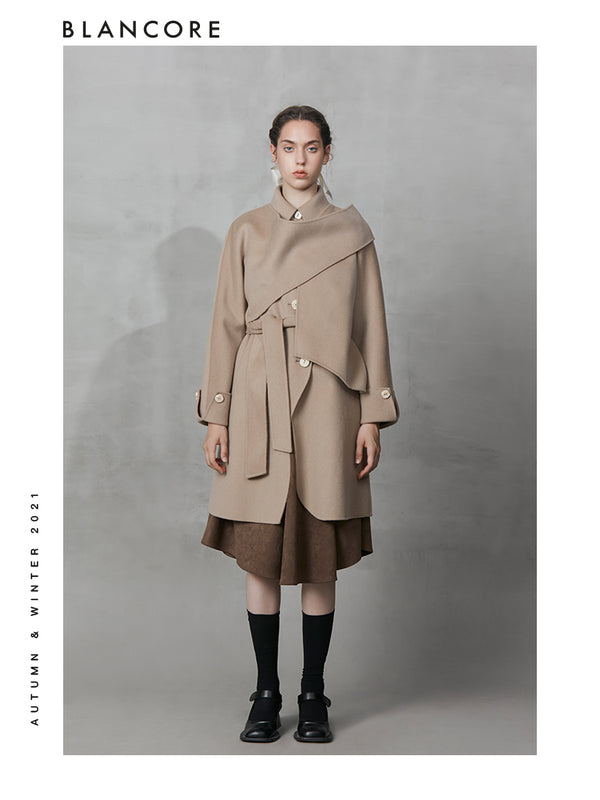 Obi Belt Wool Coat With Detachable Cape