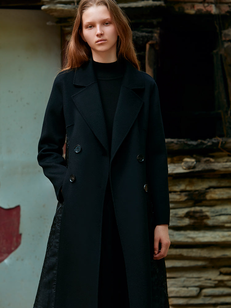 MESH PANELED WAISTED WOOL COAT