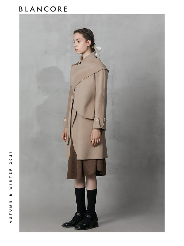 Obi Belt Wool Coat With Detachable Cape