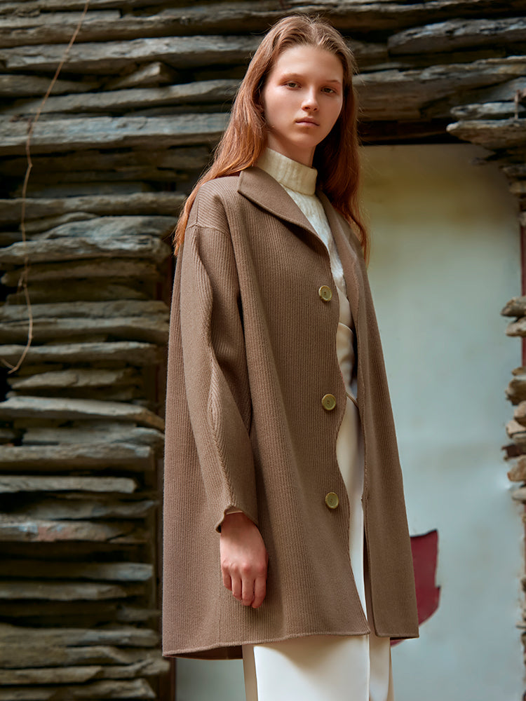 KNITTED DOUBLE FACED WOOL COAT（DARK BROWN)