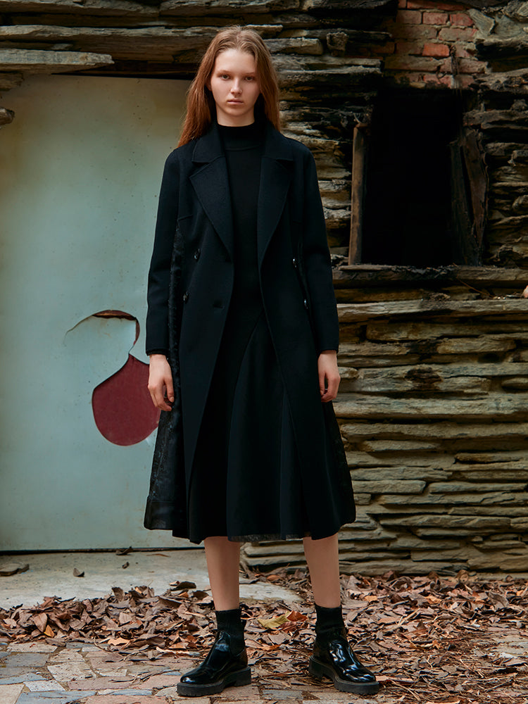 MESH PANELED WAISTED WOOL COAT