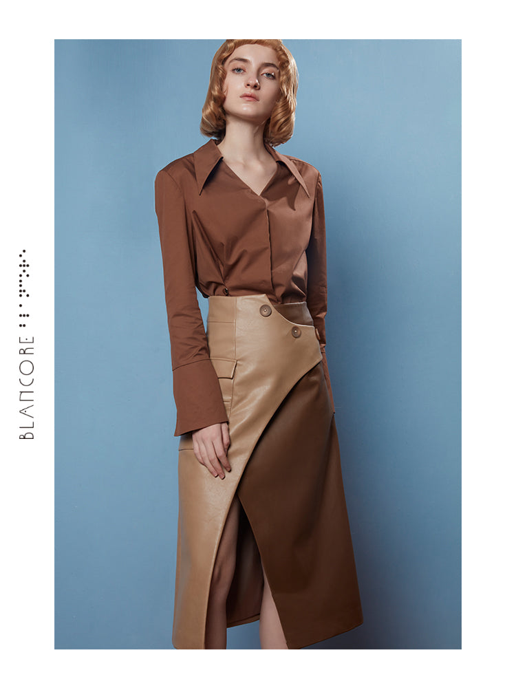 ASYMMETRICAL POINTED COLLAR PLTEATED SHIRT