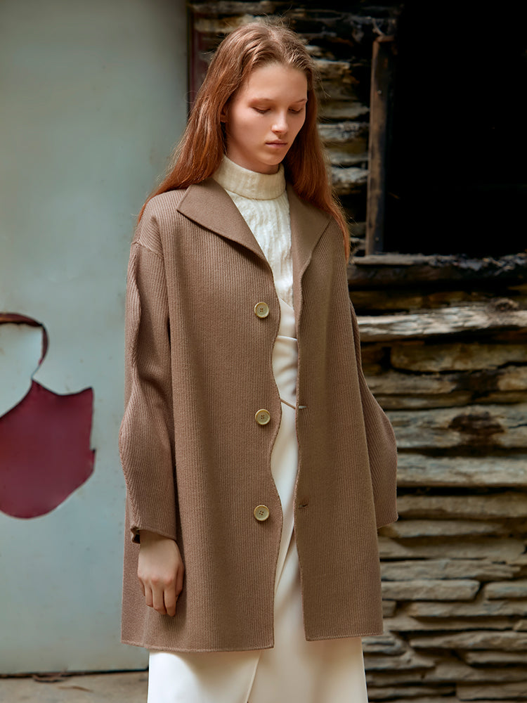 KNITTED DOUBLE FACED WOOL COAT（DARK BROWN)