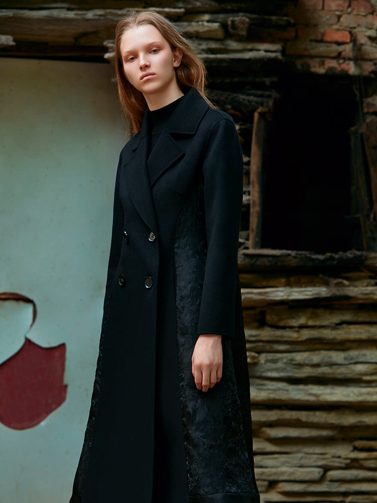 MESH PANELED WAISTED WOOL COAT