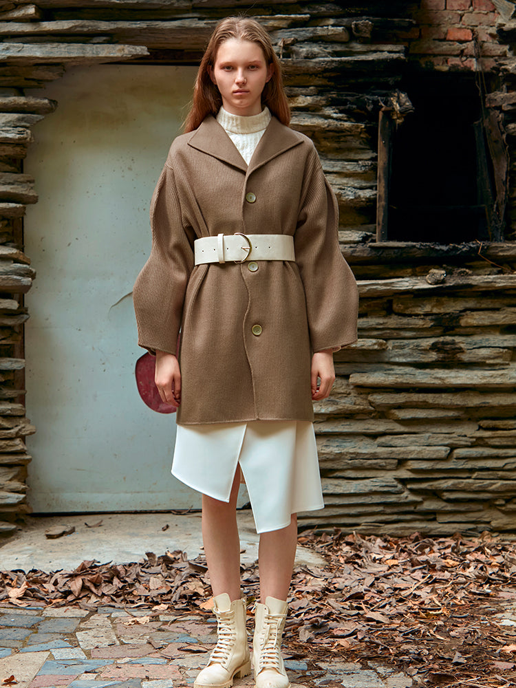 KNITTED DOUBLE FACED WOOL COAT（DARK BROWN)
