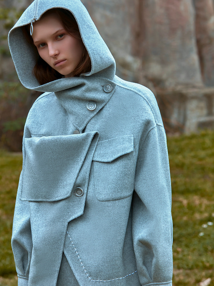 DECONSTRUCTED ASYMMETRICAL HOODED WOOL COAT