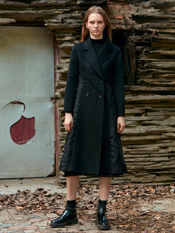 MESH PANELED WAISTED WOOL COAT