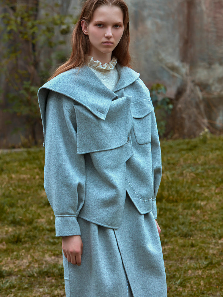 DECONSTRUCTED ASYMMETRICAL HOODED WOOL COAT