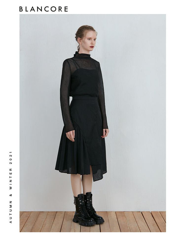 Asymmetrical Mesh Pleated Skirt