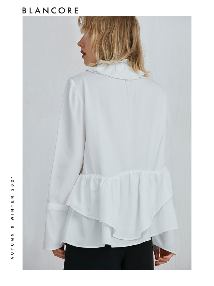 Standing Collar Shirt With Ruffle Detail