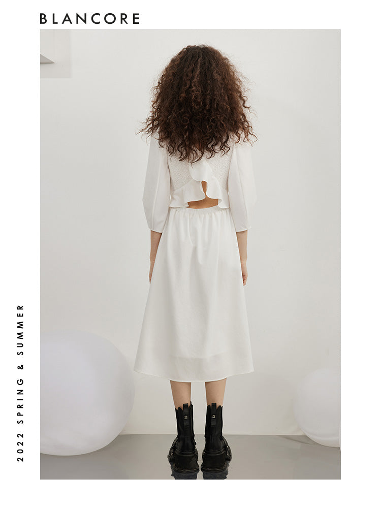 open-waist midi dress with large bow-embellished detail