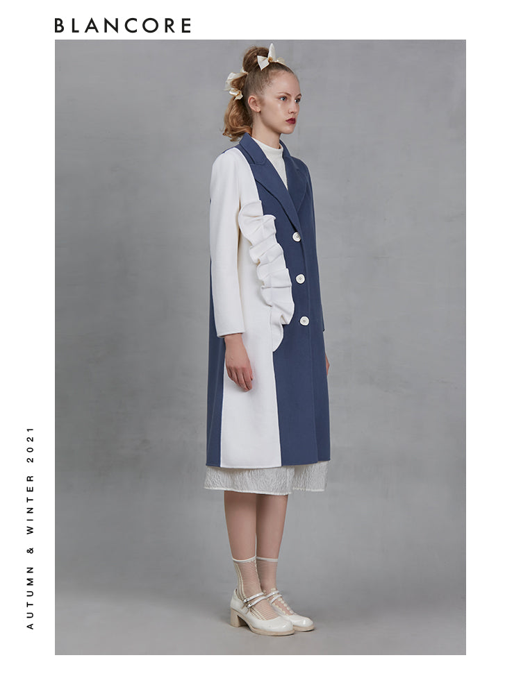 Vintage Blue And White Color Block Wool Coat With Ruffle Detail