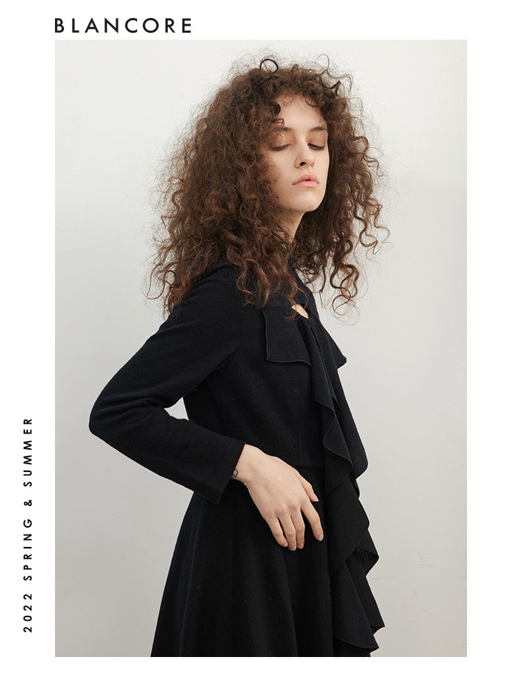 Hollow-Out Knit Dress With Ruffle Detail