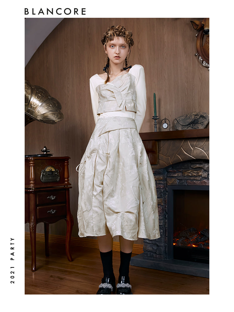 Asymmetrical Jacquard Pleated Drawstring Skirt