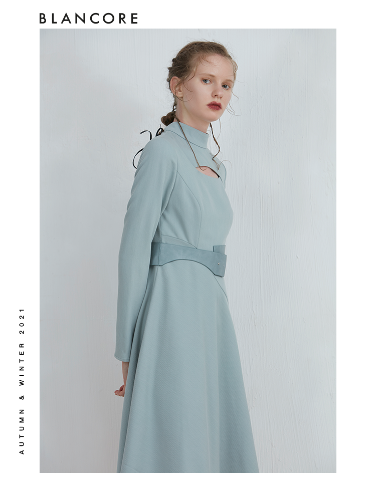 Asymmetrical Long Sleeve Dress With Hollow-Out And Belt Detail