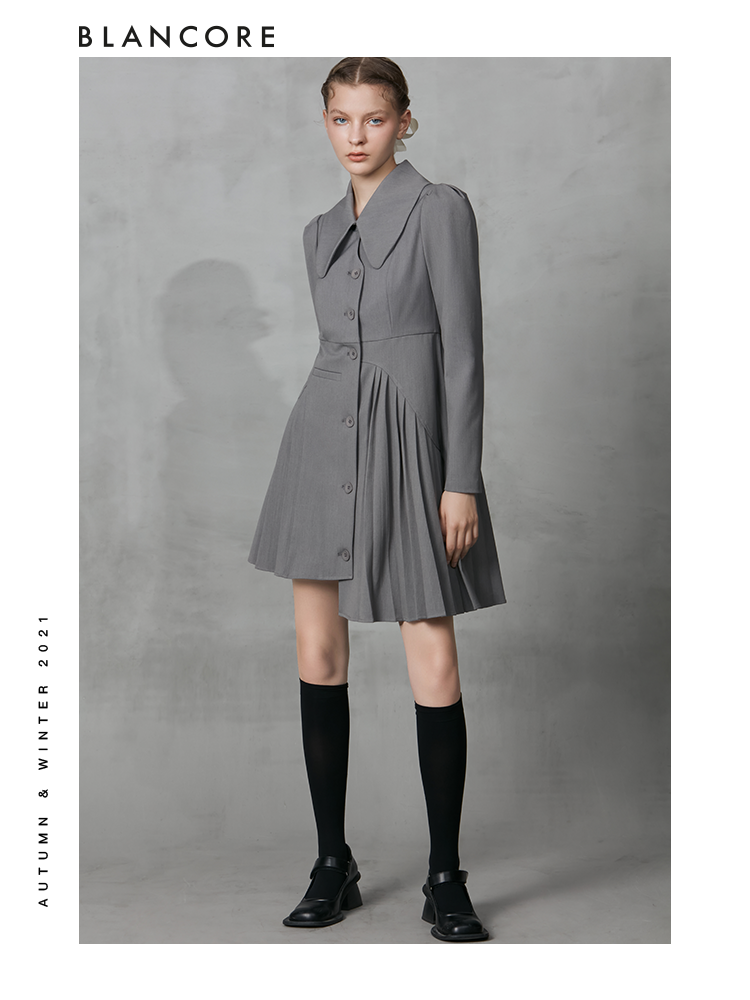 Asymmetrical Pleated Blazer Dress With Curved Collar