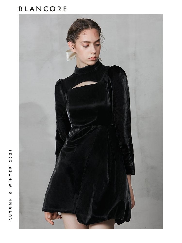 Asymmetrical Shiny PU Leather Cotton Dress With Hollow-Out Detail