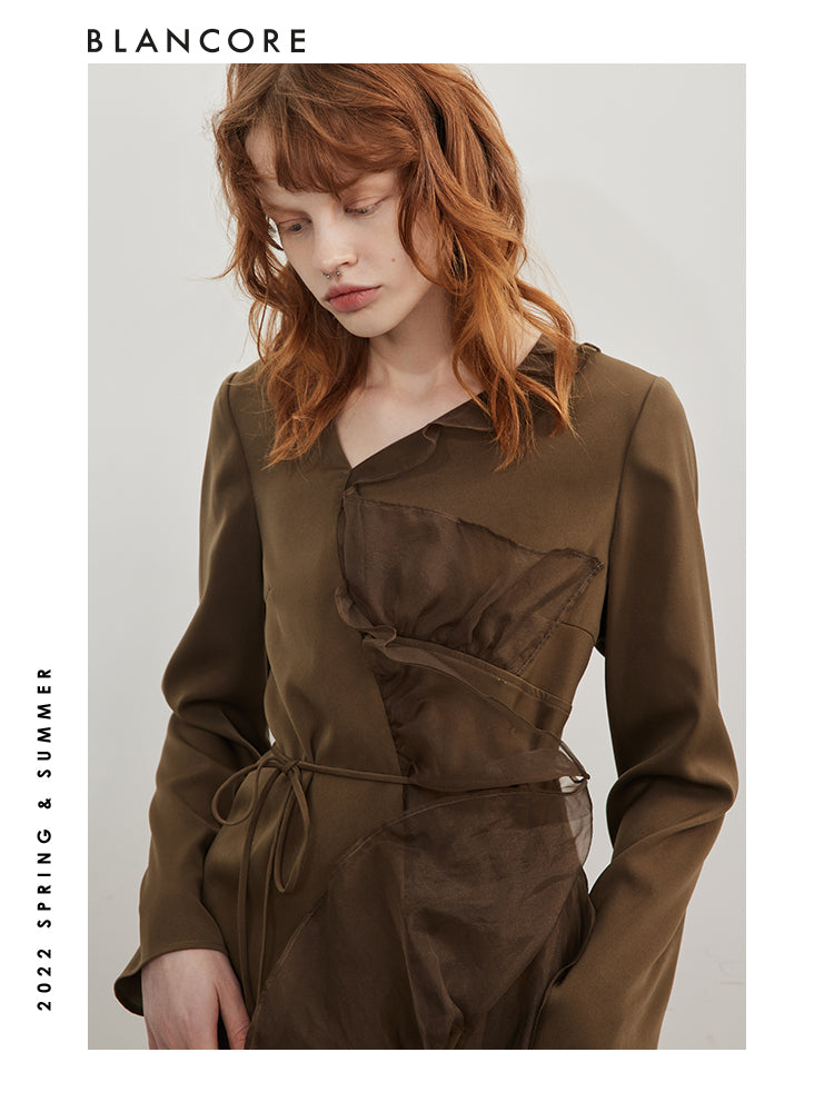 Mesh Paneled Long Sleeve Dress With Belt