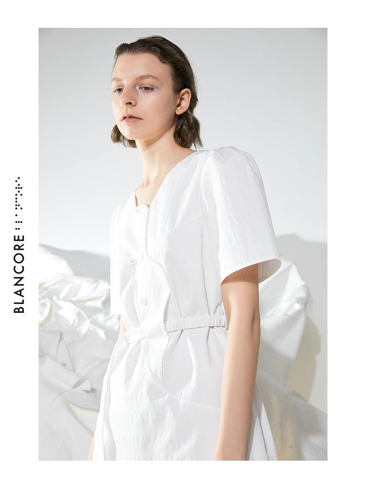 CURVED SPLICING DRESS WTIH PUFFY SLEEVES