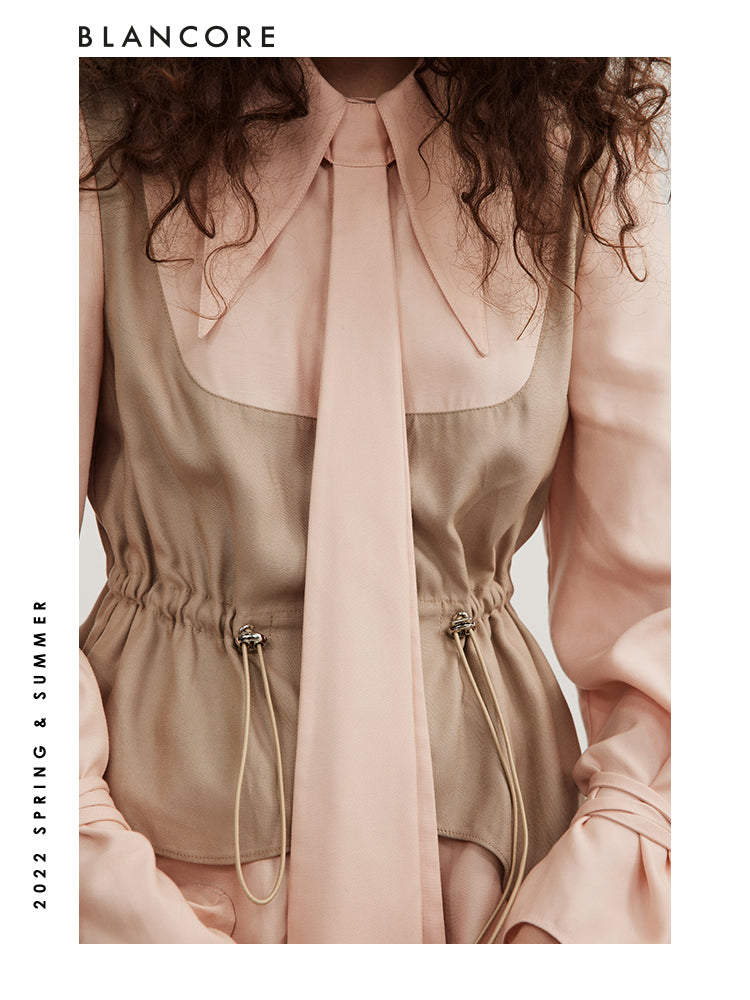 Vintage Drawstring Color Block Shirt