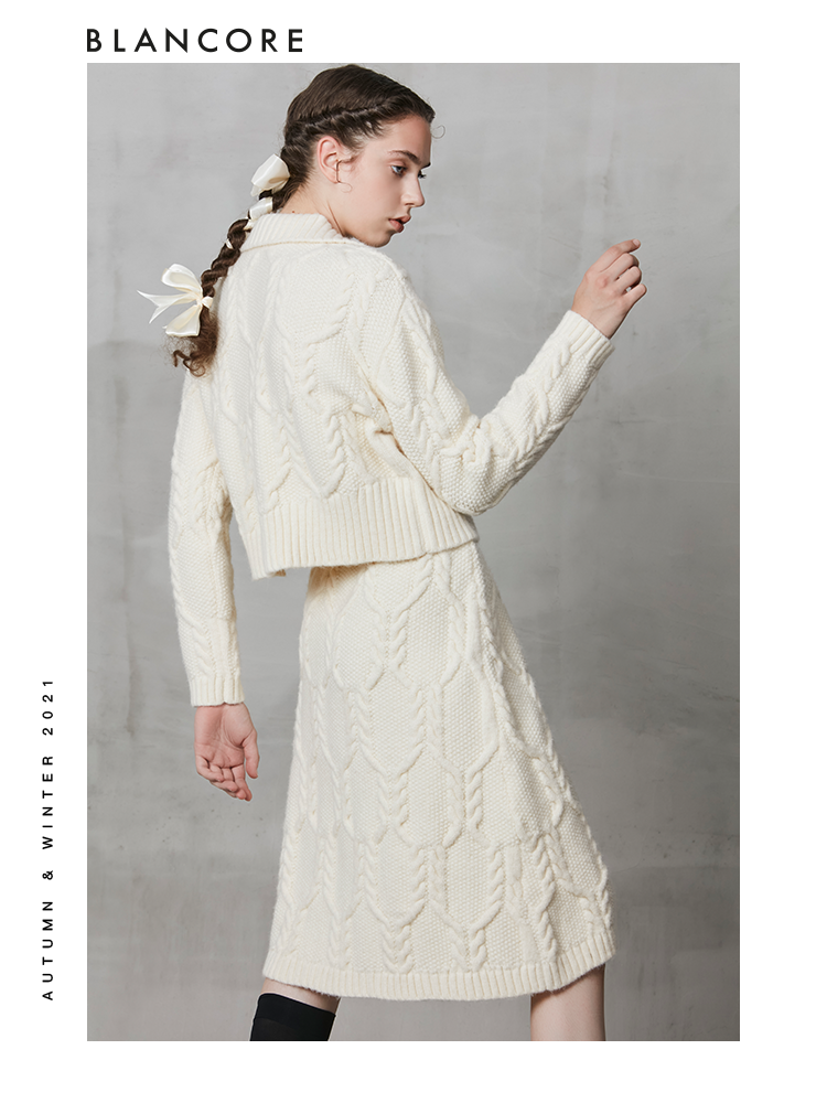 Off-White Knit Suit -Asymmetrical Polo Collar Top & Cocoon Skirt