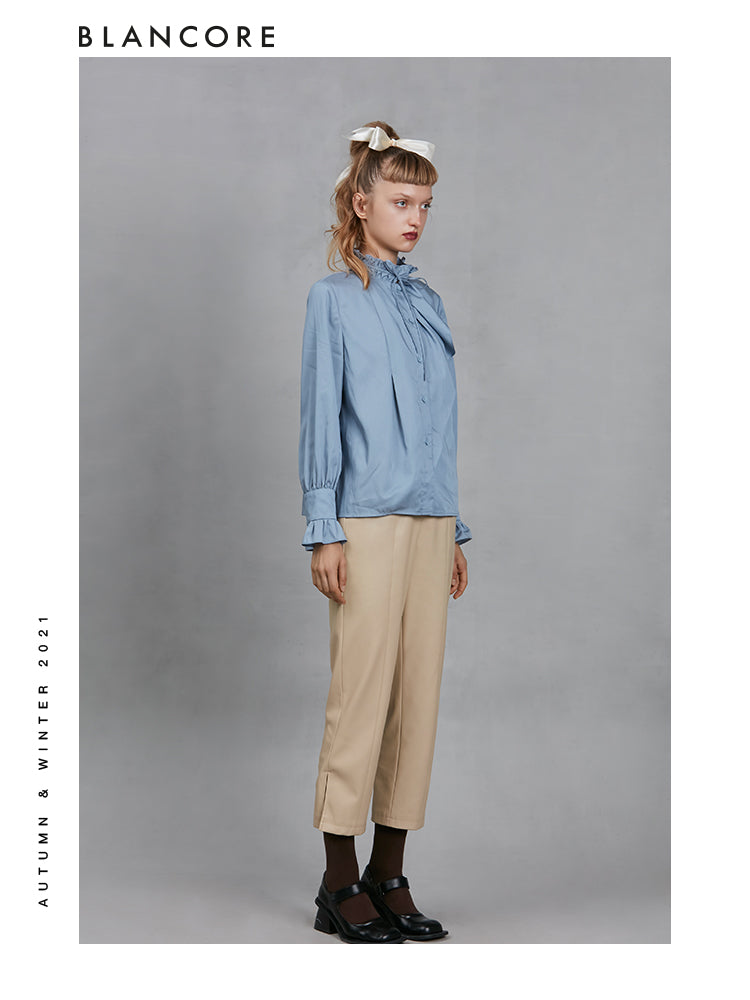 Asymmetrical Standing Collar Blouse With Ruffle Detail