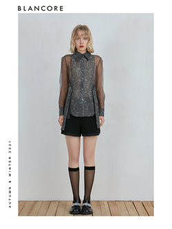 Mesh-panelled Long Sleeve Shirt With Blossom-print Detail