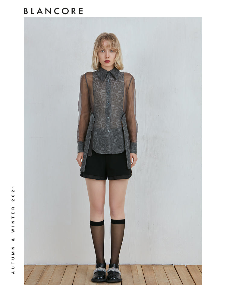 Mesh-panelled Long Sleeve Shirt With Blossom-print Detail