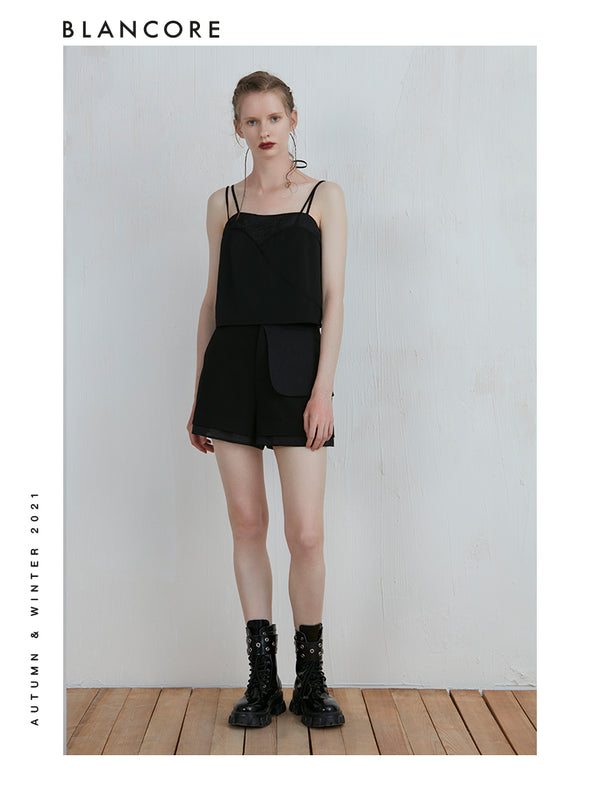 Black Mesh-Panelled Camisole Top