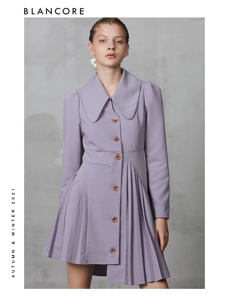 Asymmetrical Pleated Blazer Dress With Curved Collar
