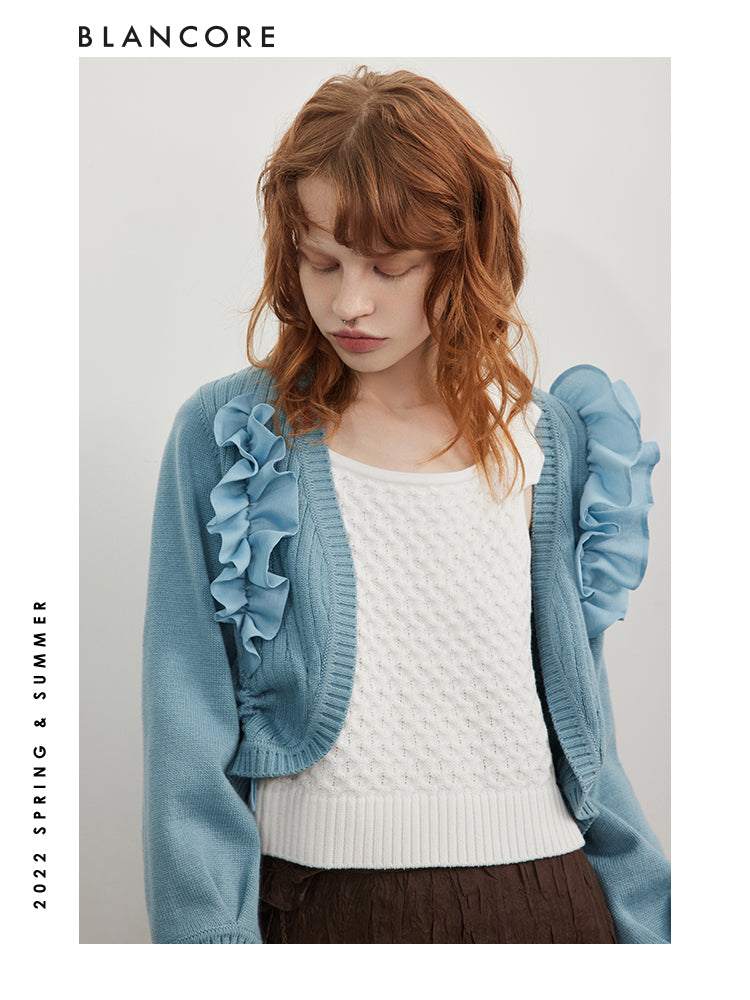 Asymmetrical Mesh Paneled Drawstring Cardigan
