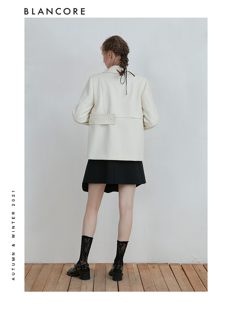 Asymmetrical Jacquard Panelled Off-white Blazer