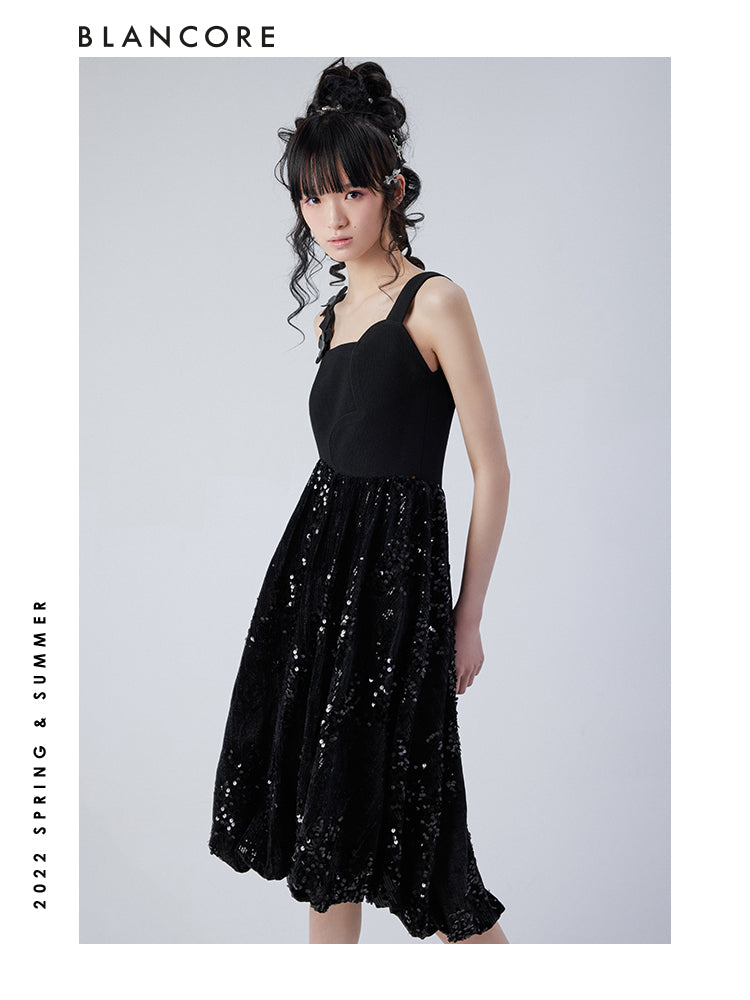 Black Slip Sequin Midi Dress