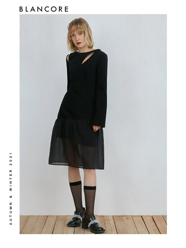Mesh-Panelled Long Sleeve Dress With Asymmetrical Bottom